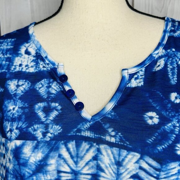 Tango Mango Blue Patterned 3/4 Sleeve V-Neck Tunic Blouse Women's Sz L India - Picture 3 of 11